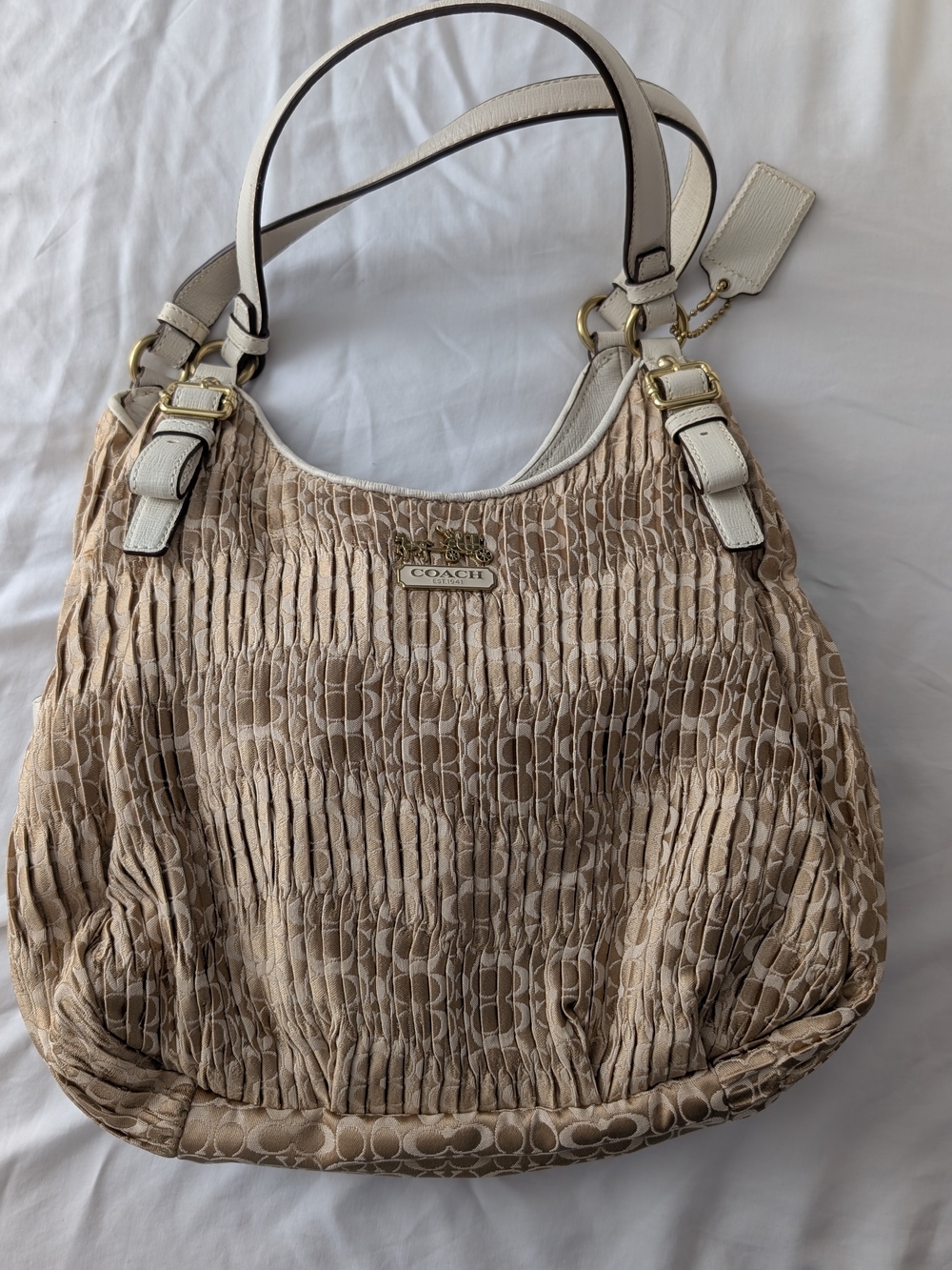Coach Phoebe Madison Beige Signature Pleated Shoulder Bag with White Trim